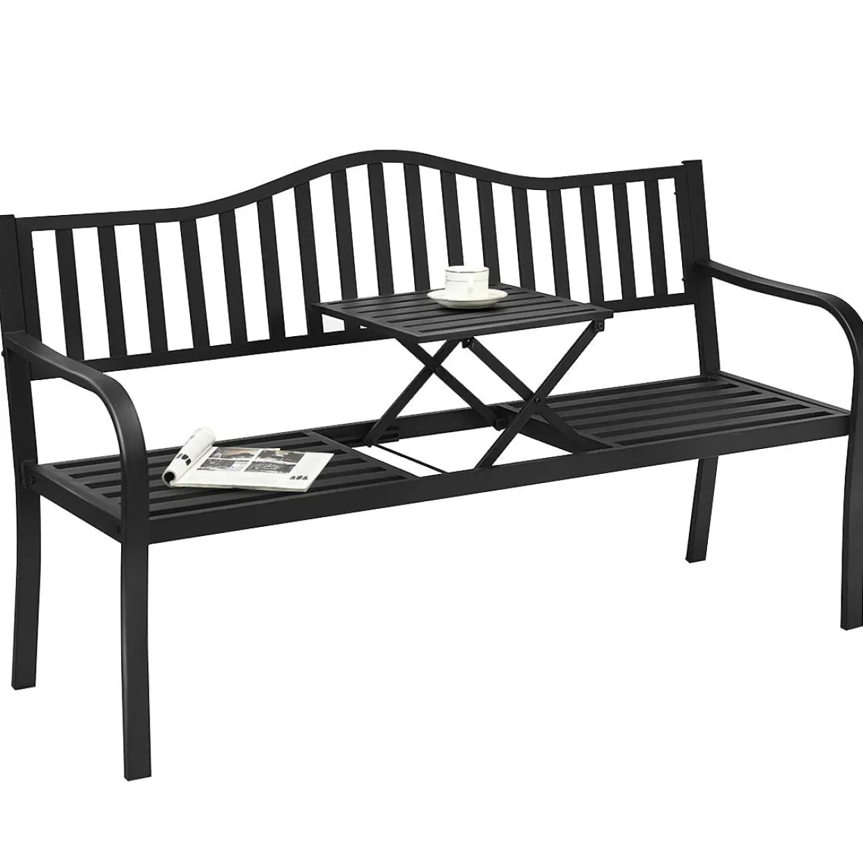 Tangkula Outdoor Garden Bench with Pullout Middle Table