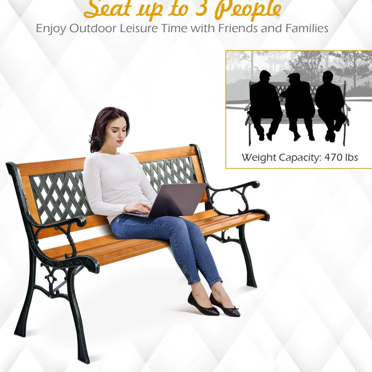 Tangkula Outdoor Garden Bench Park Bench, Patio Bench Chair with Cast Iron & Hardwood Structure