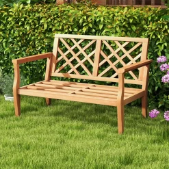 Tangkula Outdoor Garden Bench, 2-Person Teak Wood Bench with Comfy Armrests and Backrest, Slatted Seating Area