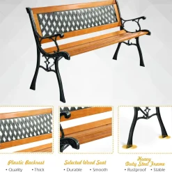 Tangkula Outdoor Garden Bench Park Bench, Patio Bench Chair with Cast Iron & Hardwood Structure