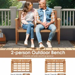 Tangkula Outdoor Garden Bench, 2-Person Teak Wood Bench with Comfy Armrests and Backrest, Slatted Seating Area