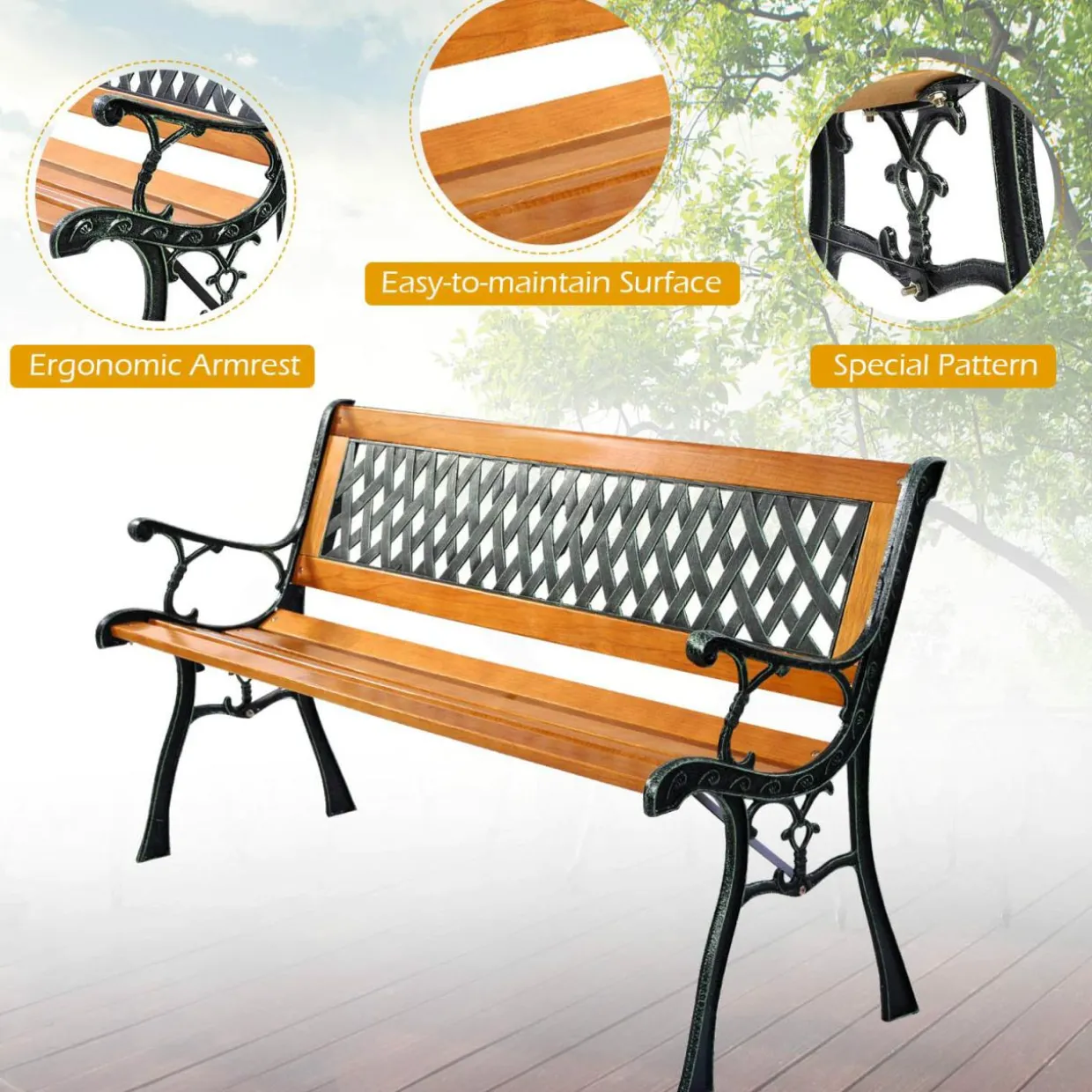 Tangkula Outdoor Garden Bench Park Bench, Patio Bench Chair with Cast Iron & Hardwood Structure