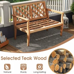 Tangkula Outdoor Garden Bench, 2-Person Teak Wood Bench with Comfy Armrests and Backrest, Slatted Seating Area