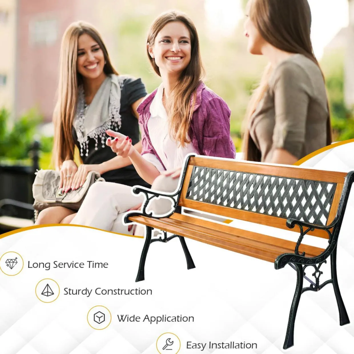 Tangkula Outdoor Garden Bench Park Bench, Patio Bench Chair with Cast Iron & Hardwood Structure