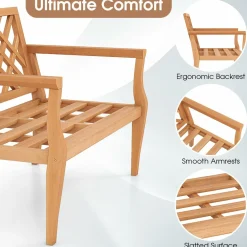 Tangkula Outdoor Garden Bench, 2-Person Teak Wood Bench with Comfy Armrests and Backrest, Slatted Seating Area