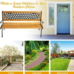 Tangkula Outdoor Garden Bench Park Bench, Patio Bench Chair with Cast Iron & Hardwood Structure