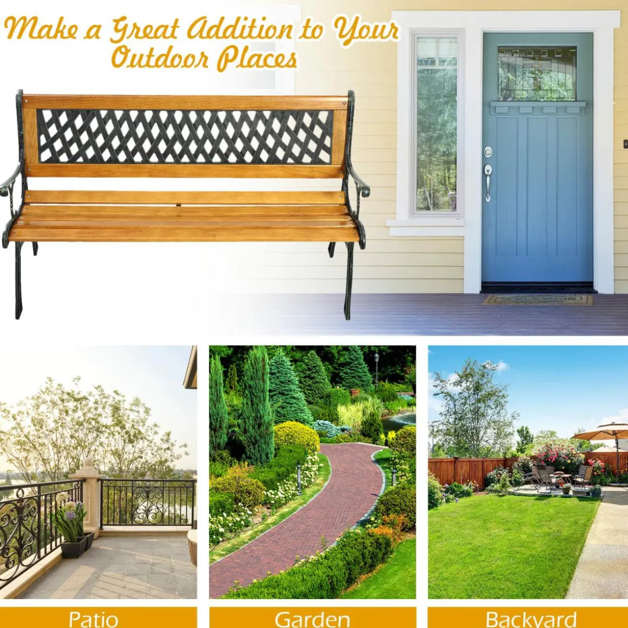 Tangkula Outdoor Garden Bench Park Bench, Patio Bench Chair with Cast Iron & Hardwood Structure