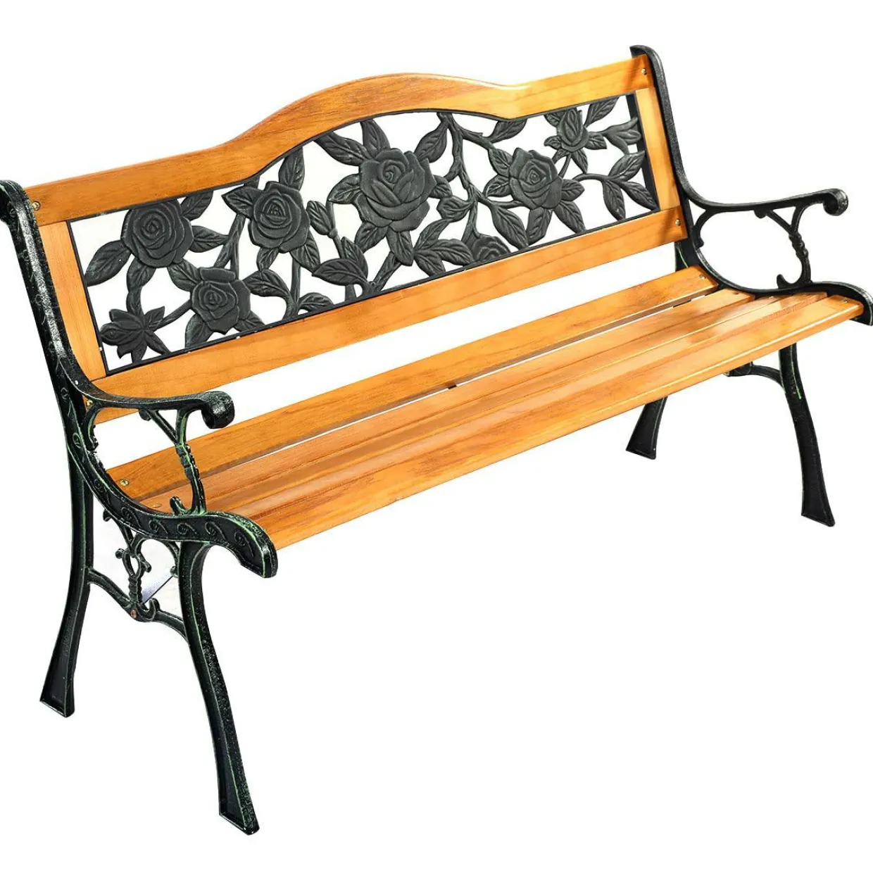 Tangkula Outdoor Garden Bench Park Bench, Patio Bench Chair with Cast Iron & Hardwood Structure