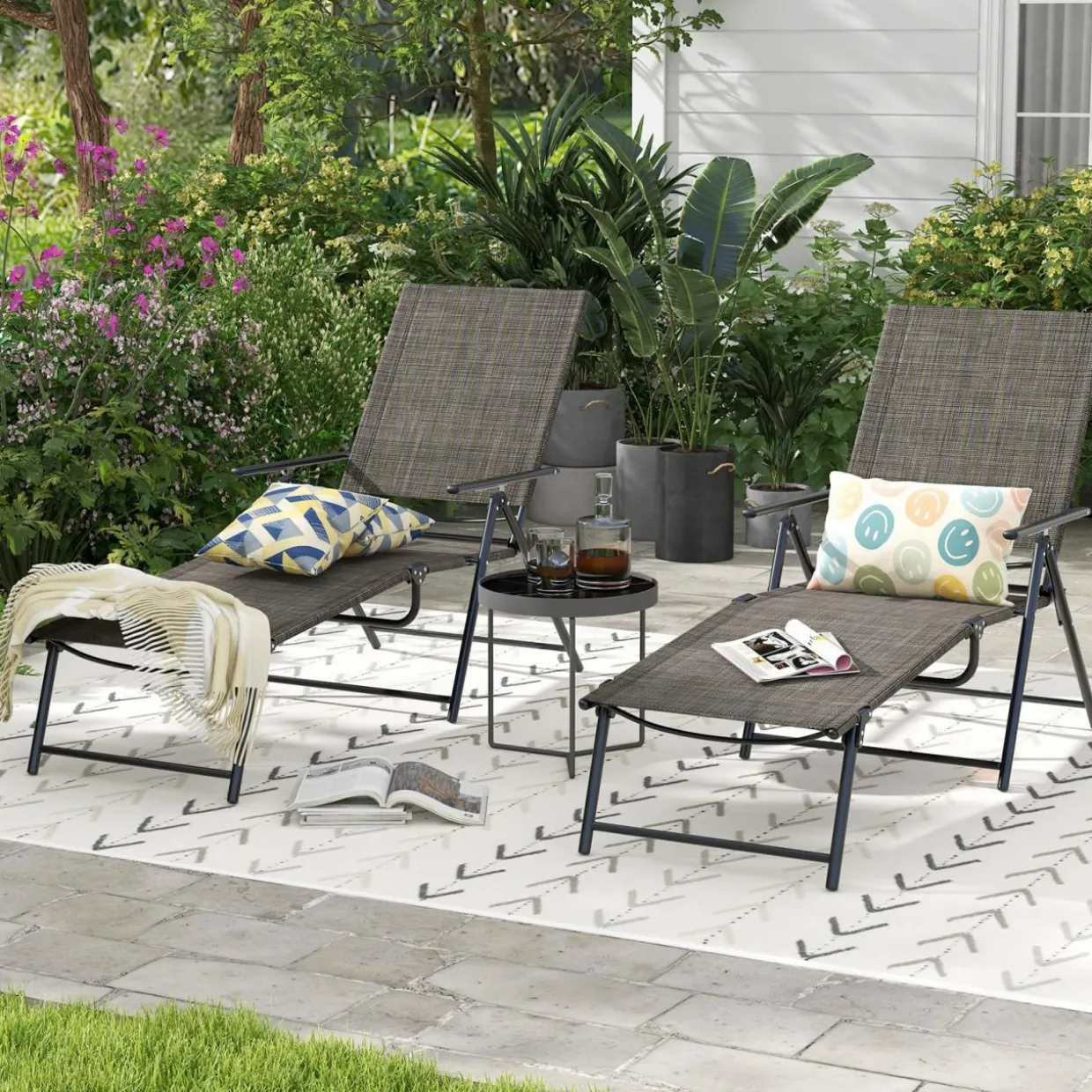 Tangkula Outdoor Lounge Chairs Set of 1/2, Patio Folding Chaise Recliner with 6-Level Backrest