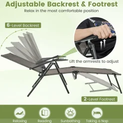 Tangkula Outdoor Lounge Chairs Set of 1/2, Patio Folding Chaise Recliner with 6-Level Backrest
