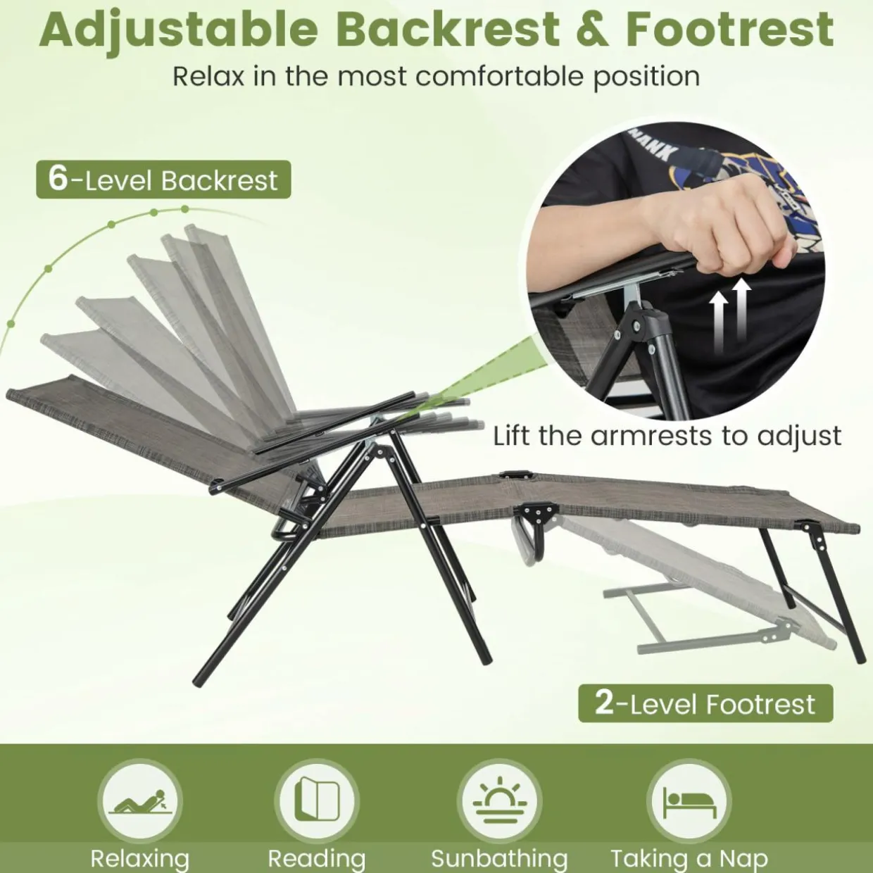 Tangkula Outdoor Lounge Chairs Set of 1/2, Patio Folding Chaise Recliner with 6-Level Backrest