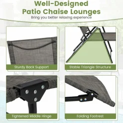 Tangkula Outdoor Lounge Chairs Set of 1/2, Patio Folding Chaise Recliner with 6-Level Backrest