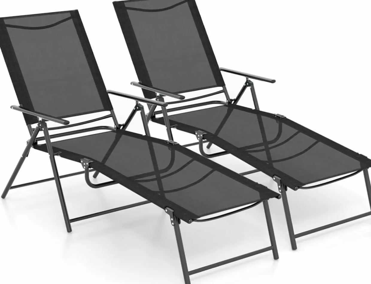 Tangkula Outdoor Lounge Chairs Set of 1/2, Patio Folding Chaise Recliner with 6-Level Backrest