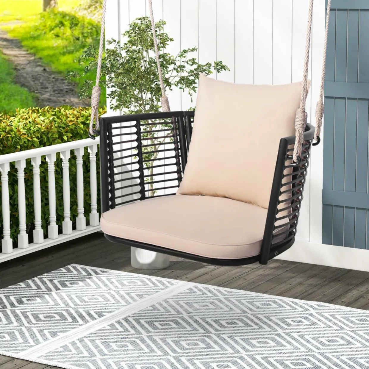 Tangkula Outdoor Metal Porch Swing, Single Person Hanging Seat, Heavy-Duty Swing Chair for Front Porch, Backyard