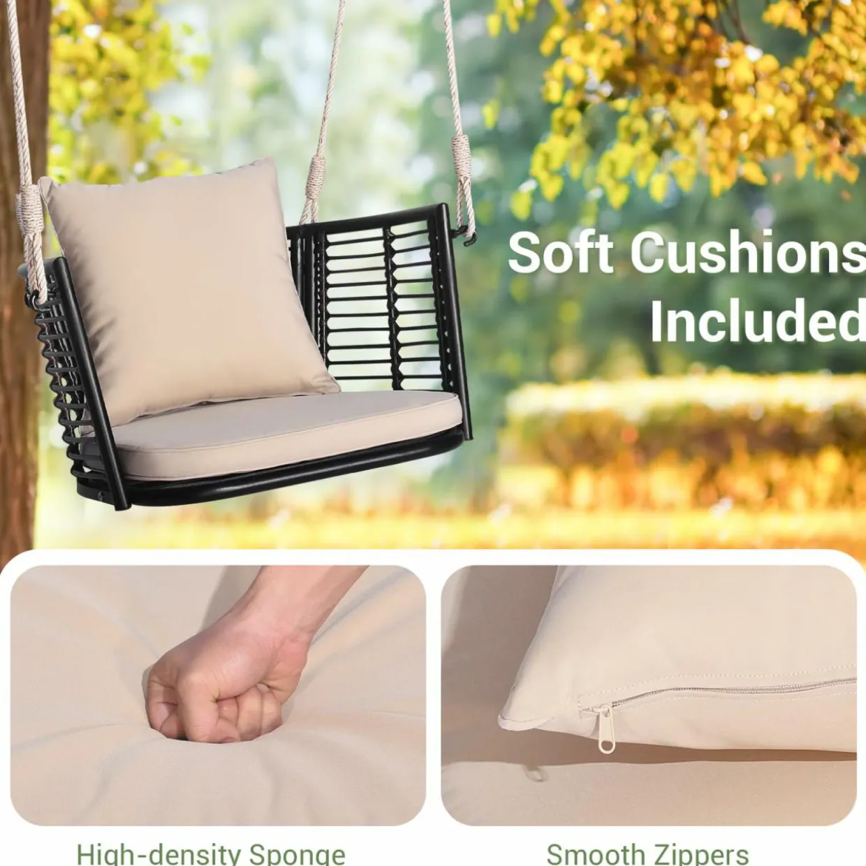 Tangkula Outdoor Metal Porch Swing, Single Person Hanging Seat, Heavy-Duty Swing Chair for Front Porch, Backyard