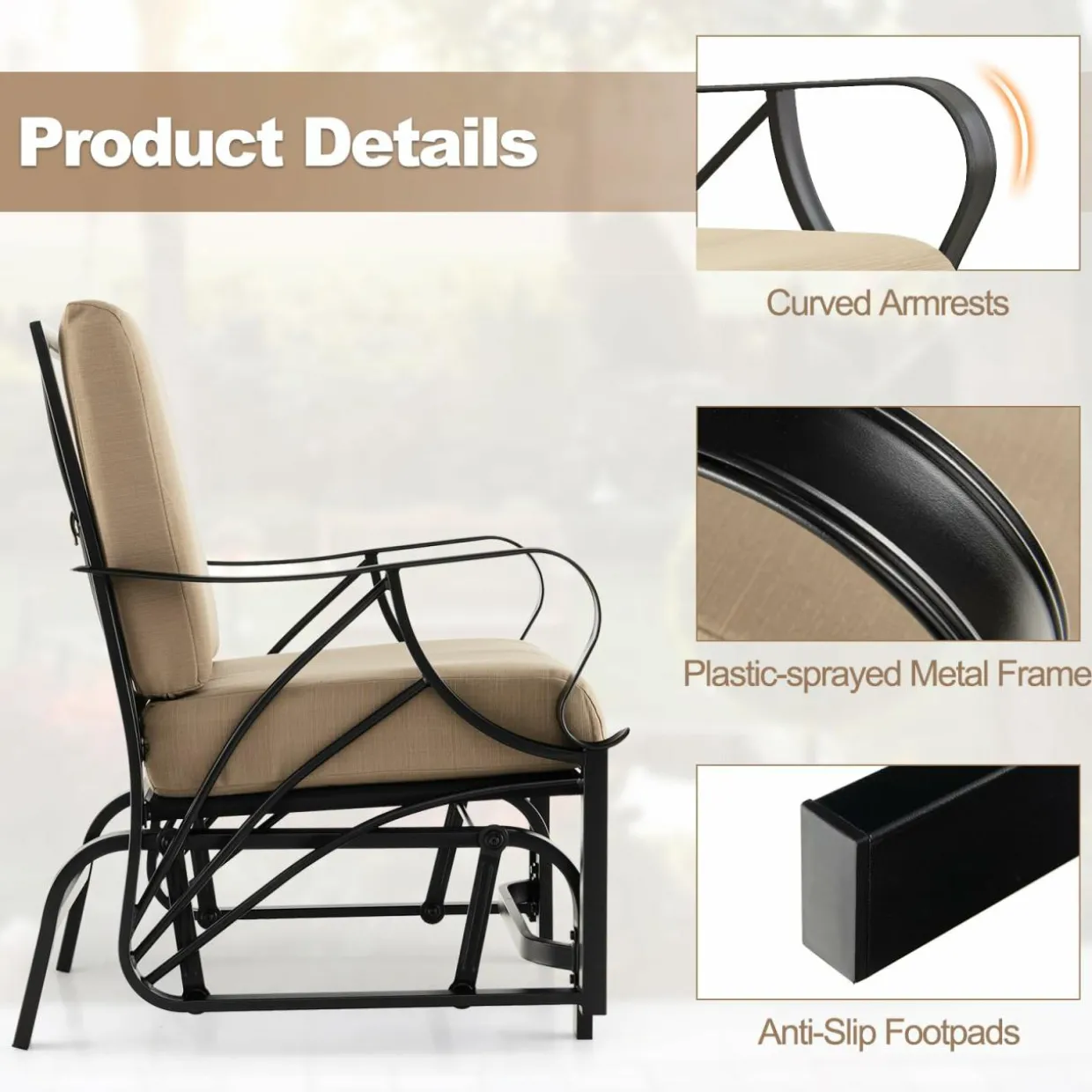 Tangkula Outdoor Patio Glider, Metal Framed Gliding Chair with Cushion