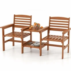 Tangkula Outdoor Patio Loveseat with Table, Wood 2-Seat Conversation Set with Coffee Table and Umbrella Hole
