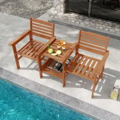 Tangkula Outdoor Patio Loveseat with Table, Wood 2-Seat Conversation Set with Coffee Table and Umbrella Hole
