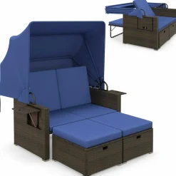 Tangkula Outdoor Patio Rattan Daybed w/Retractable Canopy & Adjustable Backrests