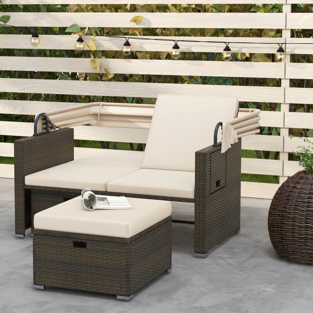 Tangkula Outdoor Patio Rattan Daybed w/Retractable Canopy & Adjustable Backrests