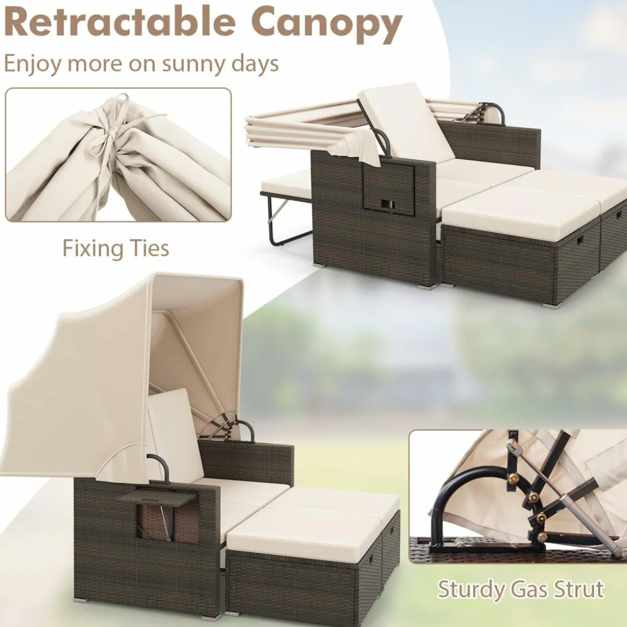 Tangkula Outdoor Patio Rattan Daybed w/Retractable Canopy & Adjustable Backrests