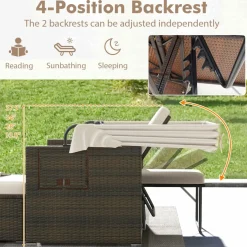 Tangkula Outdoor Patio Rattan Daybed w/Retractable Canopy & Adjustable Backrests