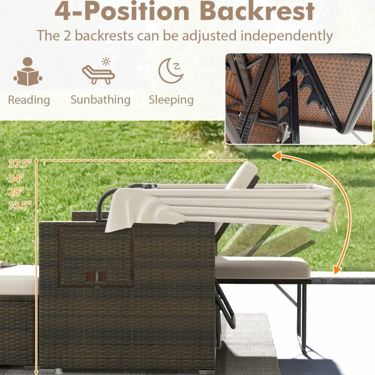 Tangkula Outdoor Patio Rattan Daybed w/Retractable Canopy & Adjustable Backrests