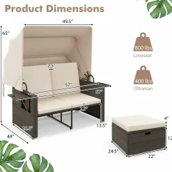 Tangkula Outdoor Patio Rattan Daybed w/Retractable Canopy & Adjustable Backrests