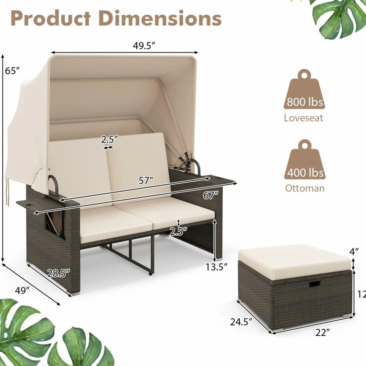 Tangkula Outdoor Patio Rattan Daybed w/Retractable Canopy & Adjustable Backrests