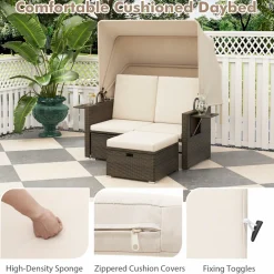 Tangkula Outdoor Patio Rattan Daybed w/Retractable Canopy & Adjustable Backrests