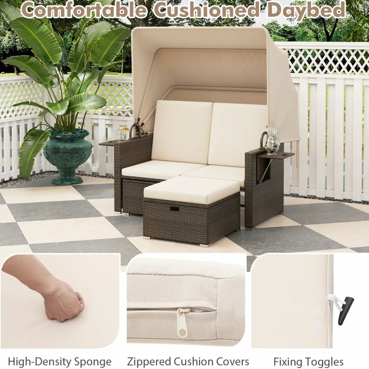 Tangkula Outdoor Patio Rattan Daybed w/Retractable Canopy & Adjustable Backrests