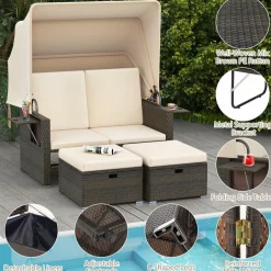 Tangkula Outdoor Patio Rattan Daybed w/Retractable Canopy & Adjustable Backrests