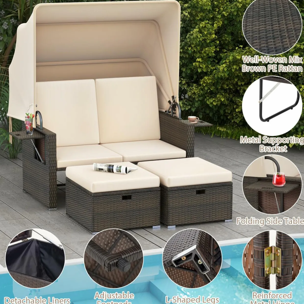 Tangkula Outdoor Patio Rattan Daybed w/Retractable Canopy & Adjustable Backrests