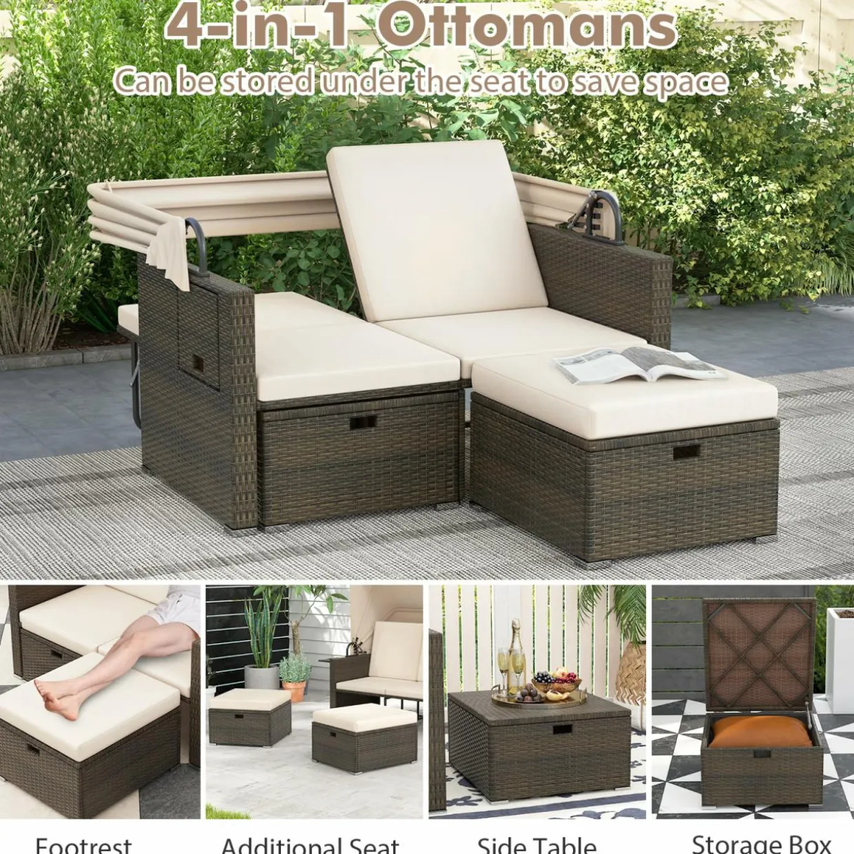 Tangkula Outdoor Patio Rattan Daybed w/Retractable Canopy & Adjustable Backrests