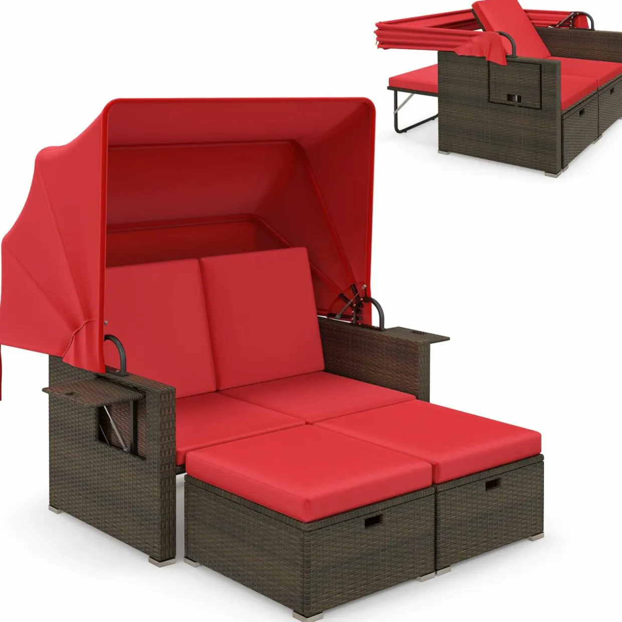 Tangkula Outdoor Patio Rattan Daybed w/Retractable Canopy & Adjustable Backrests