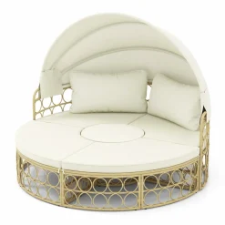 Tangkula Outdoor Patio Round Daybed with Retractable Canopy, Soft Cushions