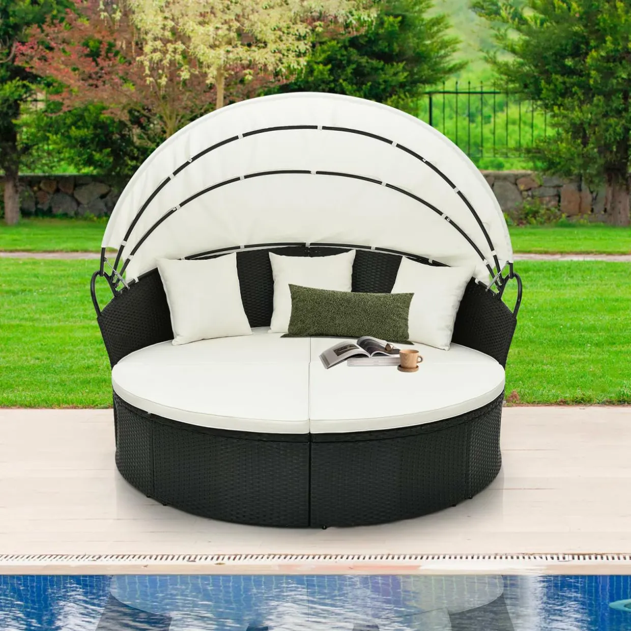 Tangkula Outdoor Patio Round Daybed with Retractable Canopy
