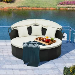Tangkula Outdoor Patio Round Daybed with Retractable Canopy