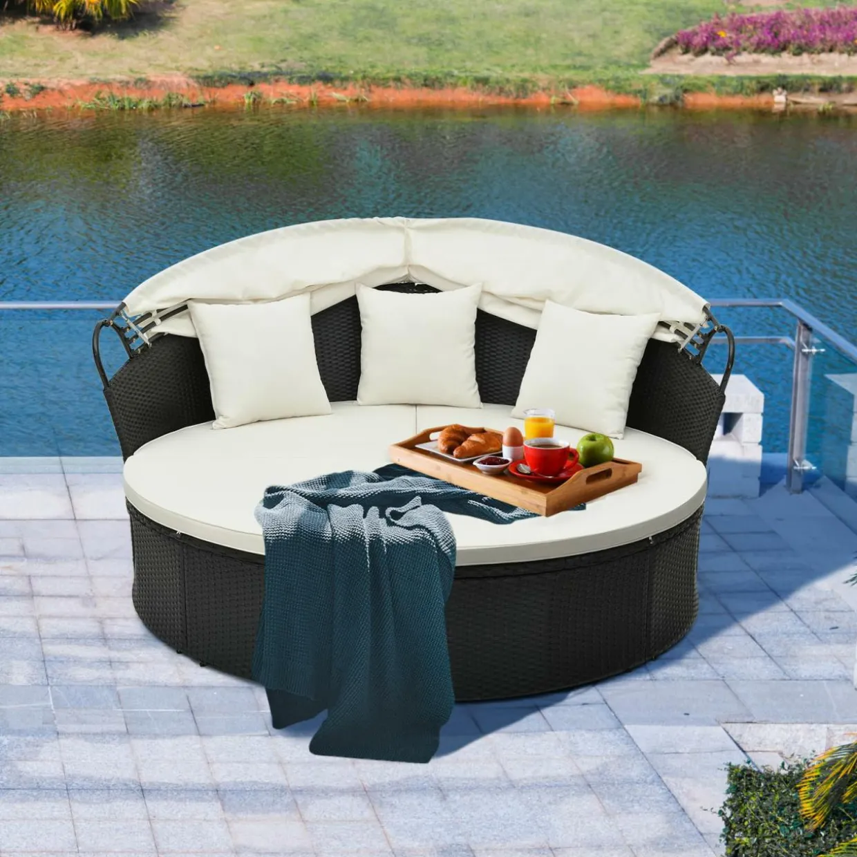 Tangkula Outdoor Patio Round Daybed with Retractable Canopy