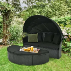 Tangkula Outdoor Patio Round Daybed with Retractable Canopy