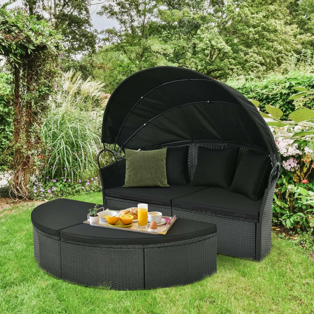 Tangkula Outdoor Patio Round Daybed with Retractable Canopy