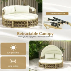 Tangkula Outdoor Patio Round Daybed with Retractable Canopy, Soft Cushions