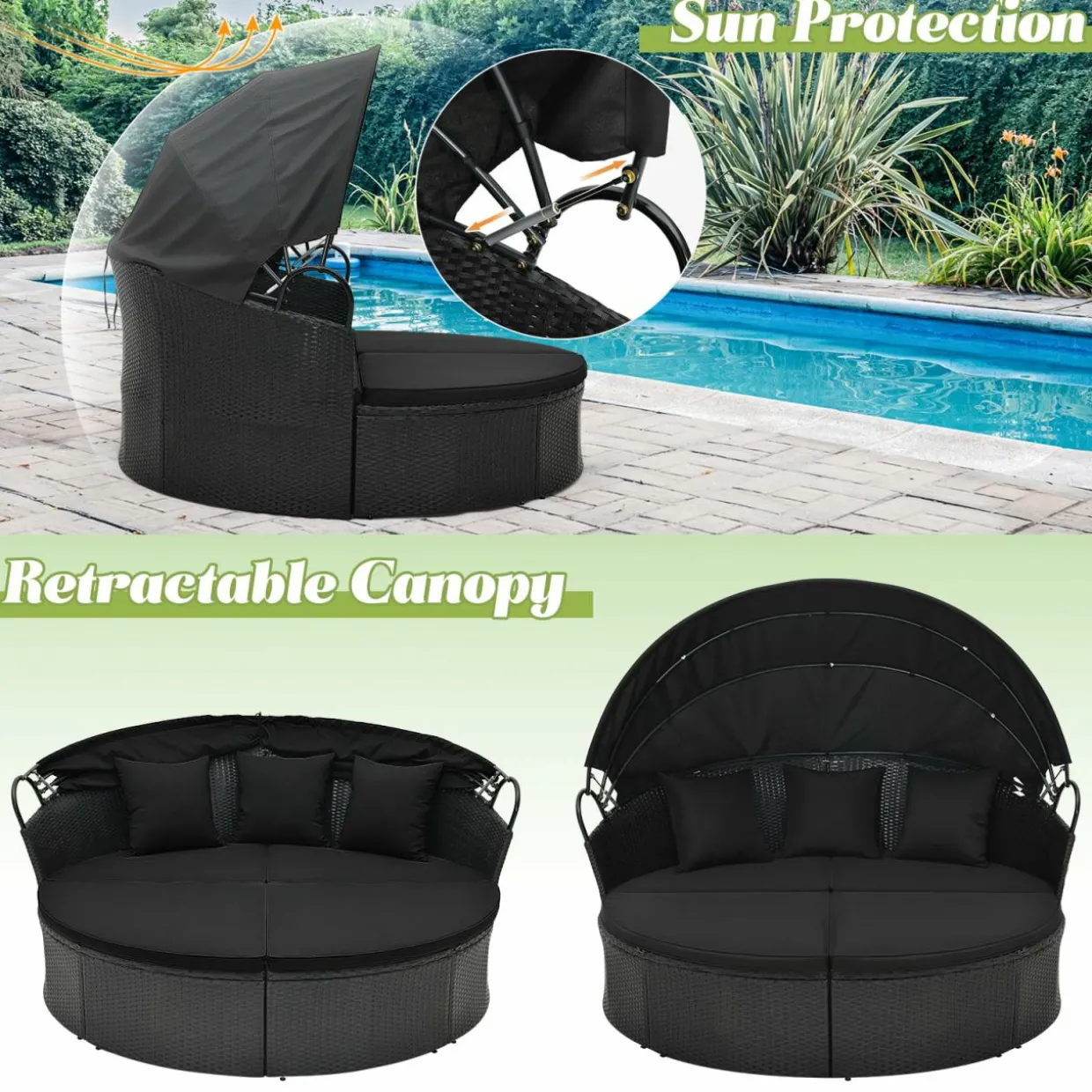 Tangkula Outdoor Patio Round Daybed with Retractable Canopy