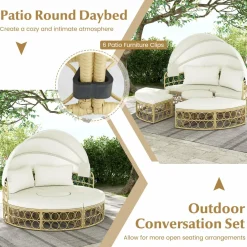 Tangkula Outdoor Patio Round Daybed with Retractable Canopy, Soft Cushions
