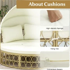 Tangkula Outdoor Patio Round Daybed with Retractable Canopy, Soft Cushions