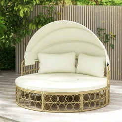 Tangkula Outdoor Patio Round Daybed with Retractable Canopy, Soft Cushions