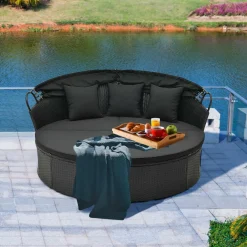 Tangkula Outdoor Patio Round Daybed with Retractable Canopy