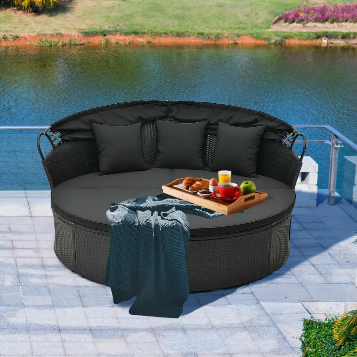 Tangkula Outdoor Patio Round Daybed with Retractable Canopy