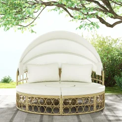 Tangkula Outdoor Patio Round Daybed with Retractable Canopy, Soft Cushions