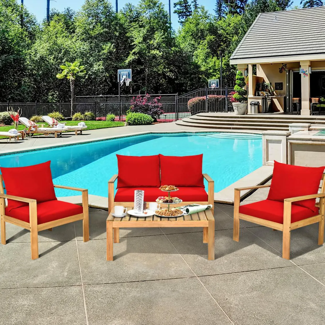 Tangkula Outdoor 4-Piece Acacia Wood Chat Set